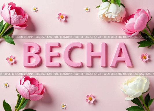Слово "ВЕСНА" написанное объемными яркими буквами составленными из цветов. The word "SPRING" written in voluminous bright letters made up of flowers. Стоковое AI-изображение, AI-художник Гер Олег / Фотобанк Лори