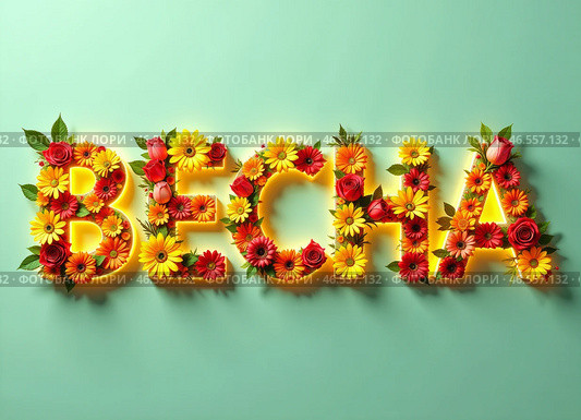 Слово "ВЕСНА" написанное объемными яркими буквами составленными из цветов. The word "SPRING" written in voluminous bright letters made up of flowers. Стоковое AI-изображение, AI-художник Гер Олег / Фотобанк Лори