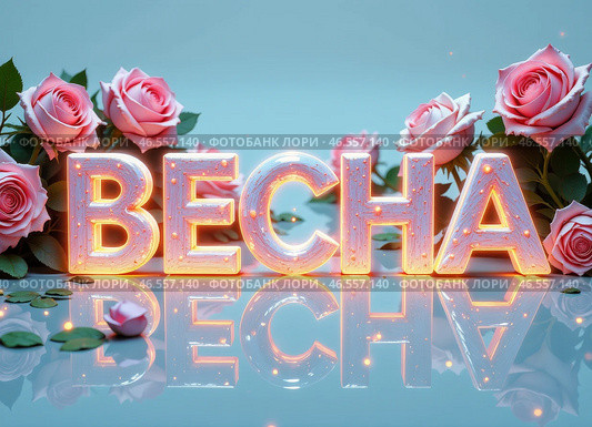 Слово "ВЕСНА" написанное объемными яркими буквами составленными из цветов. The word "SPRING" written in voluminous bright letters made up of flowers. Стоковое AI-изображение, AI-художник Гер Олег / Фотобанк Лори