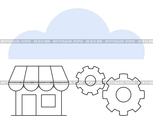 Small business storefront, two gears, and a cloud indicating technology integration and cloud services. Ideal for tech-savvy business, cloud solutions, e-commerce, modernization, infrastructure. Small business store with cloud computing and gears representing modern technology integration. Стоковая иллюстрация, агентство Ingram Publishing / Фотобанк Лори