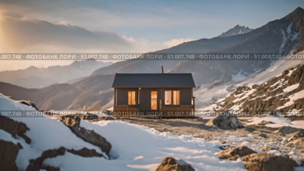 Small cabin perched atop a snowy mountain, offering a glimpse of the serene winter landscape surrounding it. Стоковое AI-видео, аниматор Данила Большаков / Фотобанк Лори