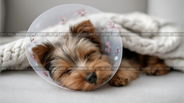 Small dog rests peacefully under a cozy blanket after surgery recovery. Маленькая собака мирно отдыхает под уютным одеялом после восстановления после операции. Стоковое AI-изображение, AI-художник Katsiaryna Repich / Фотобанк Лори