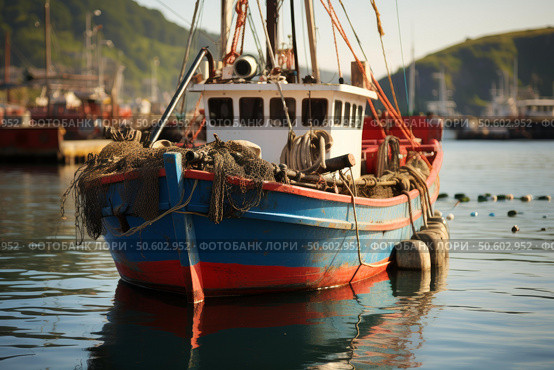 Small fishing boat moored in calm waters with fishing nets on board. Стоковое AI-изображение, AI-художник Иван Рябоконь / Фотобанк Лори