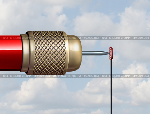 Small goal concept and restrained or limited business opportunity as a huge dart hitting a very small target as a 3D illustration. Стоковое фото, агентство Ingram Publishing / Фотобанк Лори