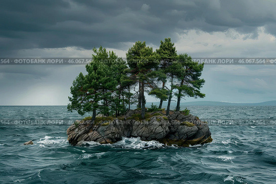 Small island with trees resisting stormy sea waves. Стоковое AI-изображение, AI-художник Иван Рябоконь / Фотобанк Лори