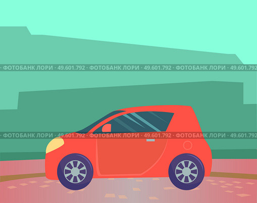 Small red microcar vehicle stand on ground in countryside. Automobile to drive and get your destination quickly. Green abstract background with silhouettes. Vector illustration in flat style. Red Microcar on Road in Countryside, Small Car. Стоковая иллюстрация, агентство Ingram Publishing / Фотобанк Лори