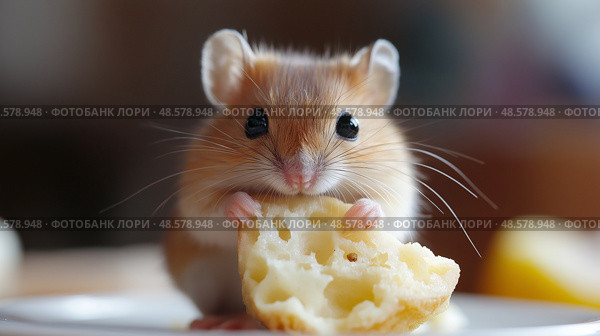 Small rodent enjoys a tasty piece of bread on a light-colored surface. Маленький грызун лакомится вкусным кусочком хлеба на светлой поверхности. Стоковое AI-изображение, AI-художник Katsiaryna Repich / Фотобанк Лори