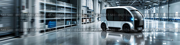 Small white car is driving through a warehouse space, maneuvering between shelves and crates. Vehicle appears to be navigating carefully through industrial setting. Стоковое AI-изображение, AI-художник Данила Большаков / Фотобанк Лори