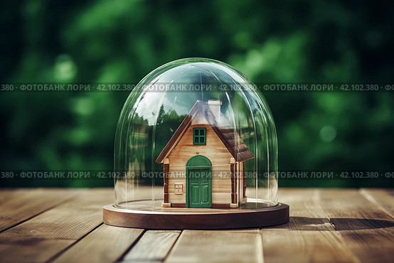 Small wooden house under glass dome. Concept of protection, insurance and safety. AI generated. Стоковое AI-изображение, AI-художник Александра Селина / Фотобанк Лори