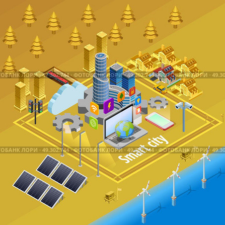 Smart City Internet Infrastructure Isometric Poster. Internet of things smart city infrastructure system concept isometric poster with embedded computer controlled devices vector illustration. Стоковая иллюстрация, агентство Ingram Publishing / Фотобанк Лори