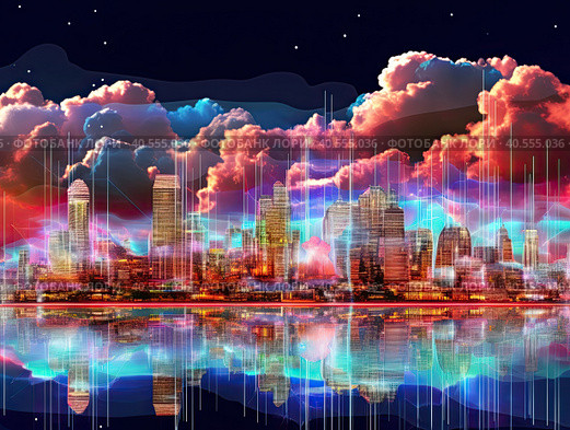 Smart city or digital cityscape IT or Internet of Things cloud computing with hologram. Created by Ai. Стоковое AI-изображение, AI-художник Ярославский Максим / Фотобанк Лори