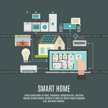 Smart house iot flat icon poster. Smart house iot remote computer control flexibility reliability and protection systems flat background poster abstract  vector illustration. Стоковая иллюстрация, агентство Ingram Publishing / Фотобанк Лори
