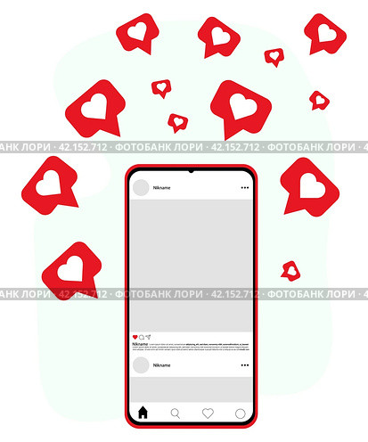 Смартфон с открытой страницей социальной сети. Лайки летают вокруг смартфона. Мобильный телефон с выходом в интернет.  Контент социальных сетей. Стоковая иллюстрация, иллюстратор Анастасия  Гудантова / Фотобанк Лори