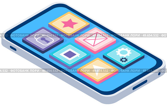 Smartphone and standard mobile applications on screen. Programming technology, software development, apps for electonic device. Development of mobile application, program for phone modern gadget. Smartphone and standard mobile applications on screen. Programming, software development, apps. Стоковая иллюстрация, агентство Ingram Publishing / Фотобанк Лори