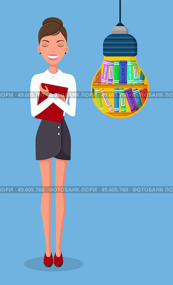 Smiling businesswoman holding file folder in hands with closing eyes. Stylish elegant lady dreaming. Lamp bulb shape concept. Books of science, history inside lamp. Clever woman like reading books. Smiling businesswoman holding file folder in hands with closing eyes, lamp buld shape with books. Стоковая иллюстрация, агентство Ingram Publishing / Фотобанк Лори