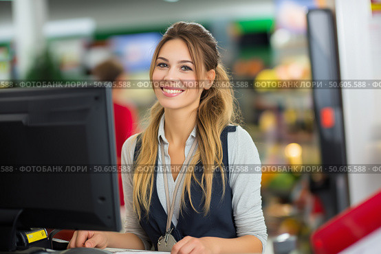 Smiling cashier assists customers in busy retail store while colleagues work. Улыбчивый кассир обслуживает покупателей в оживленном розничном магазине, пока коллеги работают. Стоковое AI-изображение, AI-художник Katsiaryna Repich / Фотобанк Лори