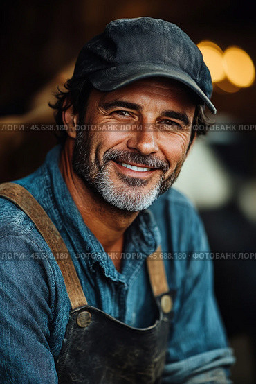 Smiling craftsman wearing work clothes with a rustic background captured in daylight outdoors. Стоковое AI-изображение, AI-художник Юлия Гапеенко / Фотобанк Лори