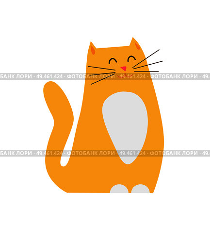 Smiling ginger cat pet closeup, kitty sitting calmly with closed eyes and wagging tail in hope to be fed, feline isolated on vector illustration. Smiling Ginger Cat Pet Closeup Vector Illustration. Стоковая иллюстрация, агентство Ingram Publishing / Фотобанк Лори