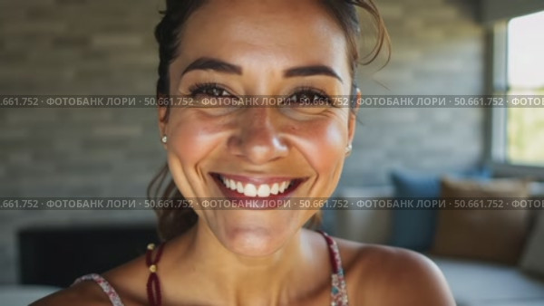 Smiling indian woman looking at camera posing at modern home. Стоковое AI-видео, аниматор Sergey Grishin / Фотобанк Лори