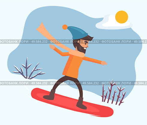 Smiling male character wearing casual clothes and hat snowboarding outdoor. Activity of snowboarder man going by downhill. Winter season and sunny weather on snowy hill with person on board vector. Activity of Male Snowboarding by Downhill Vector. Стоковая иллюстрация, агентство Ingram Publishing / Фотобанк Лори