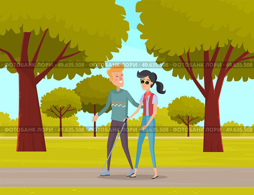 Smiling male volunteer helping and supporting blind woman, people walking along path in city park summertime, healthcare assistance and accessibility. Girl walking with guy and holding stick. Smiling male volunteer helping and supporting blind woman, people walking along path in city park. Стоковая иллюстрация, агентство Ingram Publishing / Фотобанк Лори