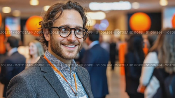 Smiling participant enjoys networking at an event filled with lively discussions and engaging interactions among various professionals. Стоковое AI-видео, аниматор Данила Большаков / Фотобанк Лори