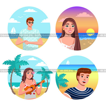 Smiling people avatar set. Men and women portraits in different locations summer time vacations. Young persons travelers, girl in tropical island and ocean shore, guy on the sea and beach landscape. Smiling people avatar set. Men and women portraits in different locations summer time vacations. Стоковая иллюстрация, агентство Ingram Publishing / Фотобанк Лори