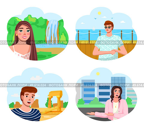 Smiling people avatar set. Men and women portraits characters collection in different locations. Young persons travelers, girl in cityscape and at picturesque waterfall, guy on the sea and old temple. Smiling people avatar set. Men and women portraits characters collection in different locations. Стоковая иллюстрация, агентство Ingram Publishing / Фотобанк Лори