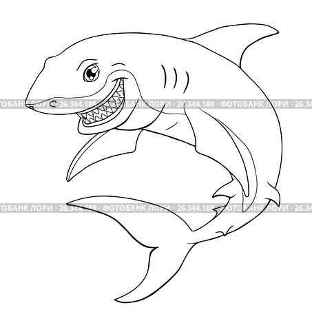 Smiling shark a black contour on white. Стоковая иллюстрация, иллюстратор Анастасия Некрасова / Фотобанк Лори