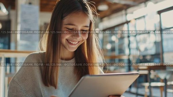 Smiling student using tablet in university cafeteria. Стоковое AI-видео, аниматор Юрий Поздников / Фотобанк Лори