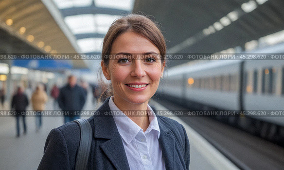 Smiling woman in smart casual attire waiting on train station. Busy platform, passengers, modern architecture, rail passenger transport them. Стоковое AI-изображение, AI-художник Павел Муравьев / Фотобанк Лори