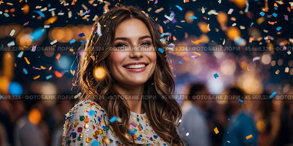 Smiling Woman Showered With Confetti in the party for celebration, event, welcome new year eve. Стоковое фото, фотограф Александр Поташев / Фотобанк Лори