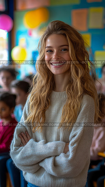 Smiling young woman with wavy blonde hair and crossed arms, radiating warmth and approachability in vibrant, blurred classroom filled with children in background. Стоковое AI-изображение, AI-художник Данила Большаков / Фотобанк Лори