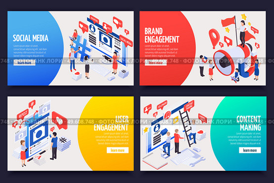 SMM social media attracting customers clients advertising brands sharing promoting content 4 isometric banners set vector illustration. SMM Promotion Isometric Concept. Стоковая иллюстрация, агентство Ingram Publishing / Фотобанк Лори