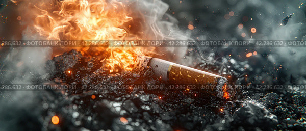 smoke breaks as the cigarette is exploded in the air. Стоковое AI-изображение, AI-художник Юлия Гапеенко / Фотобанк Лори