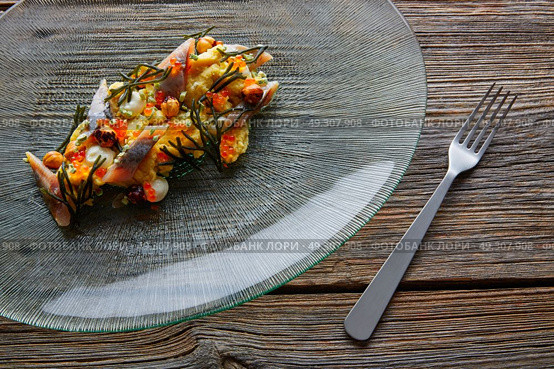 Smoked sardines salad with creamy cheese corn codium and hazelnuts. Стоковое фото, агентство Ingram Publishing / Фотобанк Лори