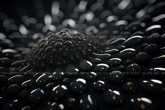 Smooth black drops of various sizes, located on a dark surface. The surface looks textured and slightly convex, the drops shine due to the light, creating the effect of a metallic or liquid structure. Some of the drops have golden inclusions, adding mystery and sophistication to the image. The overall style is abstract and modern, with an emphasis on textures and light effects. Стоковое AI-изображение, AI-художник Анна Кривицкая / Фотобанк Лори