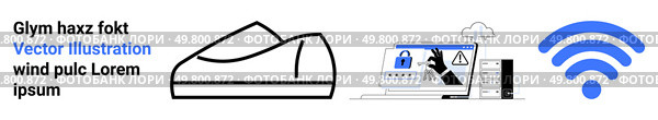 Sneakers outline, cybersecurity warning with hacker, blue wireless signal icon, and random text in different fonts. Ideal for technology, security, footwear, internet, hacking, random designs. Sneakers, Cybersecurity Warning with Hacking Attempt, wireless Signal Icon, and Random Text. Стоковая иллюстрация, агентство Ingram Publishing / Фотобанк Лори
