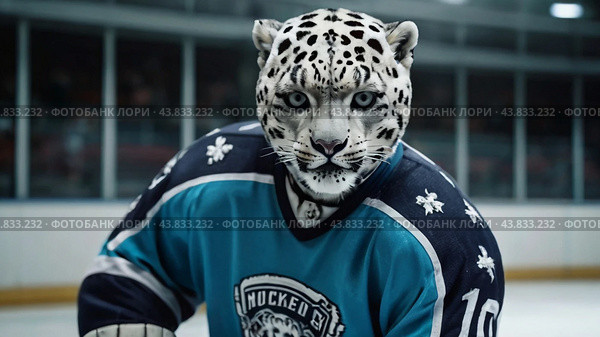 Снежные барсы на льду. хоккей. Snow Leopard Hockey Player.AI Generated. Стоковое AI-изображение, AI-художник Алексей Траст / Фотобанк Лори