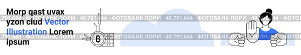 Snippet of technical text, a networked object marked B, a cloud icon, and a figure gesturing stop. Ideal for tech solutions, AI, network security, cloud services, innovation, human interface design. Technology Integration with AI, Cloud, and Human Interface for Future Innovations. Стоковая иллюстрация, агентство Ingram Publishing / Фотобанк Лори