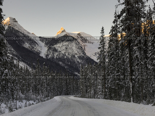 Snow covered road with mountains in winter, Emerald Lake, Yoho National Park, British Columbia, Canada. Стоковое фото, агентство Ingram Publishing / Фотобанк Лори