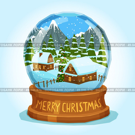 Snow Globe Merry Christmas Card. Winter landscape of village spruces and ice peak mountains inside merry christmas snow globe card vector illustration. Стоковая иллюстрация, агентство Ingram Publishing / Фотобанк Лори
