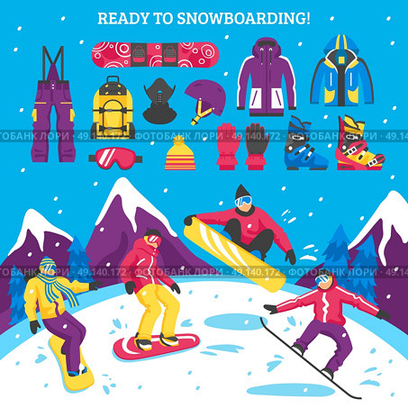Snowboarding Vector Illustration. Snowboarding vector illustration with sportsmen figurines and collection of snowboarders equipment clothes and accessories for active winter sport    . Стоковая иллюстрация, агентство Ingram Publishing / Фотобанк Лори
