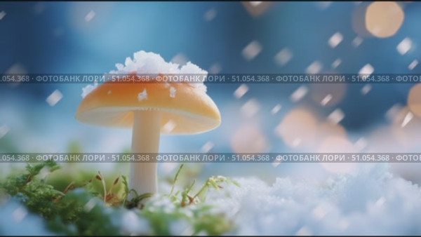 Snowfall gently covers a vibrant mushroom amidst a winter landscape. Стоковое AI-видео, аниматор Сергей Толмачёв / Фотобанк Лори
