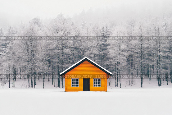 Snowy Landscape Showcasing an Orange Cabin Surrounded by Frosted Trees in a Winter Setting. Стоковое AI-изображение, AI-художник Юлия Гапеенко / Фотобанк Лори