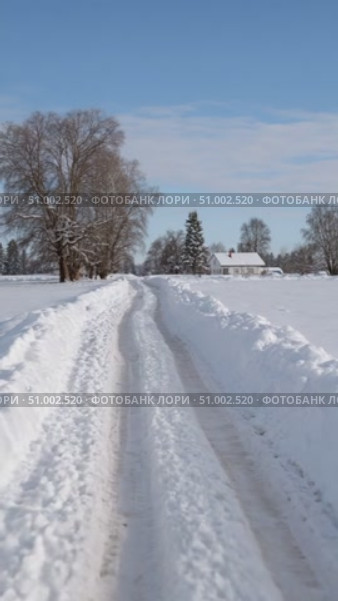 Snowy road leading to farmhouse in winter wonderland. Стоковое AI-видео, аниматор Юрий Поздников / Фотобанк Лори