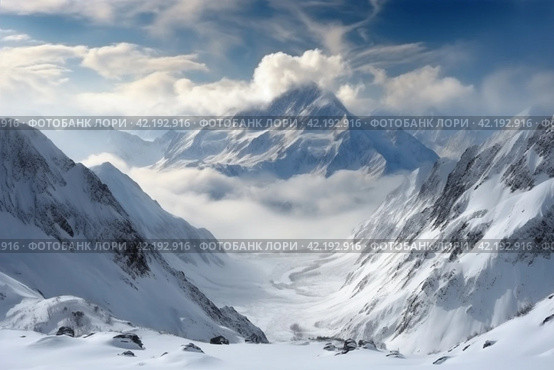 Snowy white peaks rise against the clear blue winter sky,Generative AI. Стоковое AI-изображение, AI-художник Анна Кривицкая / Фотобанк Лори