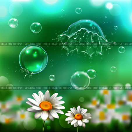 Soap bubbles floating bursting popping exploding above chamomile flowers realistic image with green blurry background vector illustration. Стоковая иллюстрация, агентство Ingram Publishing / Фотобанк Лори
