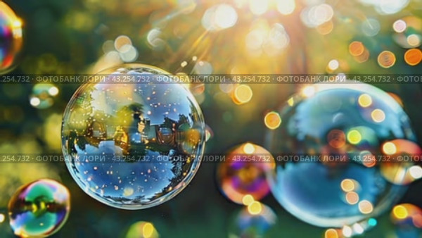 Soap bubbles, illuminated by the sun, drift through the air creating a mesmerizing sight. Стоковое AI-видео, аниматор Юрий Поздников / Фотобанк Лори