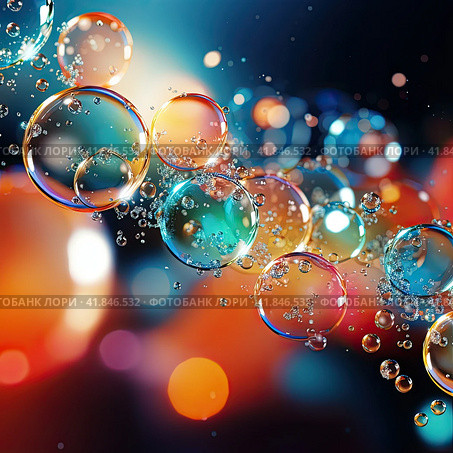 Soap bubbles on a background of bright unfocused colors. Generated by AI. Стоковое AI-изображение, AI-художник Ярославский Максим / Фотобанк Лори